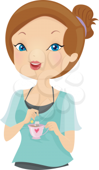 Illustration of a Girl Dipping a Bag of Tea in a Cup of Hot Water
