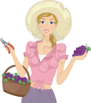 Illustration of a Girl Carrying a Basket of Freshly Harvested Grapes