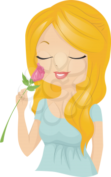 Illustration of a Beautiful Woman Smelling a Rose