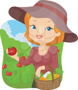 Illustration of a Woman Carrying a Basket of Freshly Harvested Tomatoes