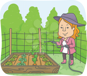 Illustration of a Woman Watering Plants in a Raised Box