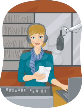 Illustration of a Female Disc Jockey Reading a Piece of Paper