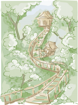 Doodly Illustration of a Tree House Connected to a Long Wooden Bridge