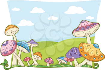 Background Illustration Featuring Colorful and Whimsical Mushrooms