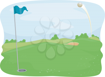 Illustration of a Golf Ball Flying Towards a Golf Hole