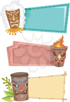 Illustration of Blank Banners Decorated with Tiki Statues