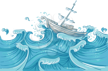 Illustration of a Ship Being Tossed About by Giant Waves