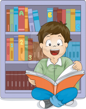 Illustration of a Little Boy Sitting in Front of a Bookshelf Reading a Book