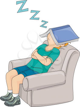 Illustration of a Little Boy Sleeping on a Chair with His Book Covering His Face