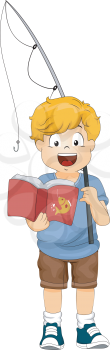 Illustration of a Little Boy Holding a Fishing Rod Reading a Book