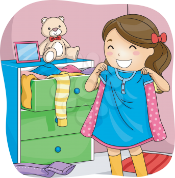 Illustration of a Little Girl Pulling Clothes from Her Drawer to Choose From