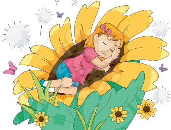 Illustration of a Little Girl Sleeping Peacefully on a Giant Sunflower