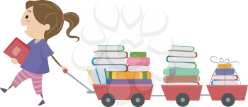 Stickman Illustration of a Little Girl Pulling a Cart Full of Book