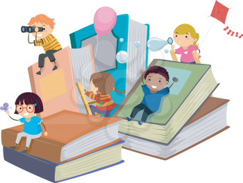 Stickman Illustration of Kids Playing Near Giant Books