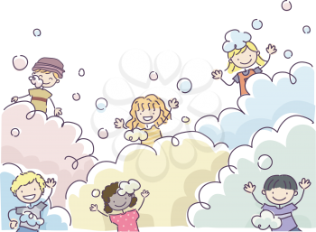 Doodle Illustration of Stickman Kids Playing with Bubbles
