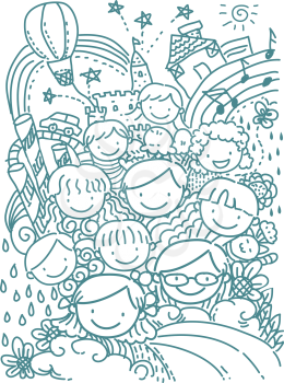 Stickman Illustration of Happy School Kids Set Against a Whimsical Background
