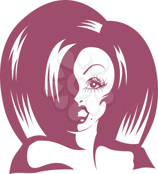Stencil Illustration of a Drag Queen Wearing a Thick Wig  Done in Purple Ink