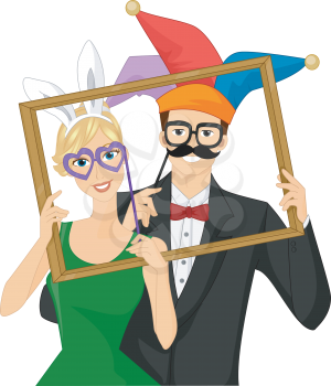 Illustration of a Couple Wearing Wacky Photobooth Props Holding a Frame