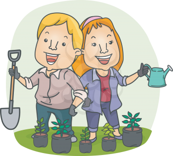 Illustration of a Couple Planting Seedlings in Their Garden Together