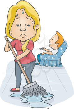 Illustration of a Woman Mopping the Floor While Her Partner Watches TV