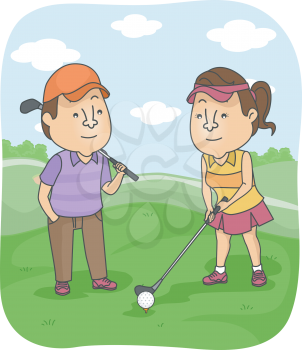Illustration of a Man Watching His Girlfriend Prepare to Hit the Golf Ball