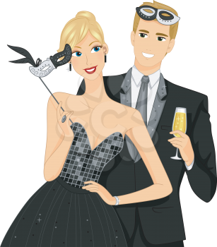Illustration of a Couple at a Masquerade Ball Removing Their Masks