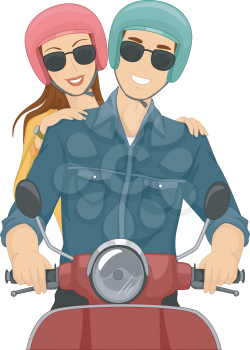 Illustration of a Couple Wearing Helmets While Riding a Motorcycle