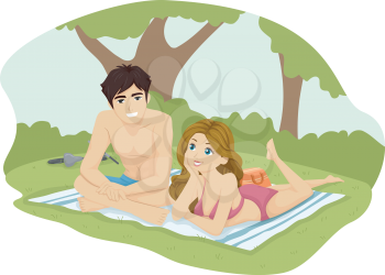 Illustration of a Teenage Couple Sunbathing in the Park