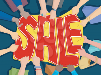 Illustration of People Pulling on a Banner with the Word Sale Written on It