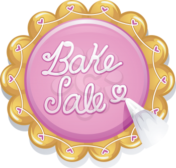 Illustration of a Baker Writing the Words Bake Sale with Cake Frosting