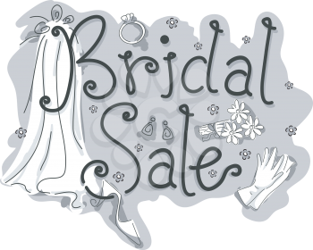 Black and White Illustration of a Wedding Gown with the Words Bridal Sale Written Beside It