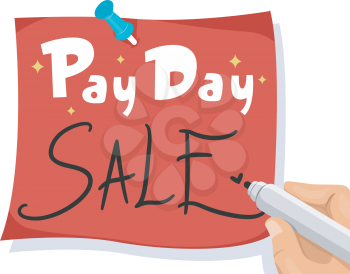 Illustration of a Man Writing Pay Day Sale on a Piece of Red Paper