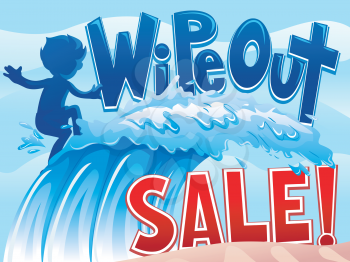Illustration of a Little Boy Riding Waves with the Words Wipe Out Sale Written on Top