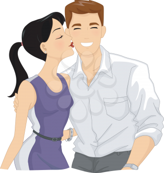 Romantic Illustration of a Woman Kissing Her Boyfriend on the Cheek