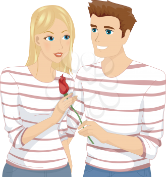 Romantic Illustration of a Man in a Couple Shirt Giving a Rose to His Girlfriend