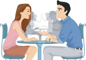 Illustration of a Man and Woman Asking Each Other Questions at a Speed Dating Event