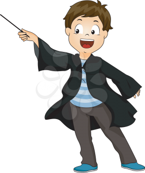 Illustration of a Little Boy Dressed as a Wizard Waving His Wand