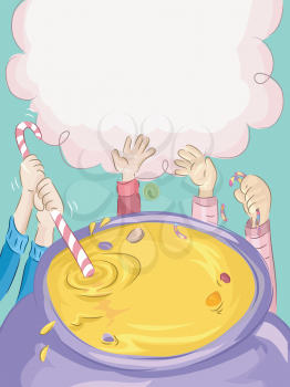 Illustration of Children Mixing Different Candies in a Cauldron