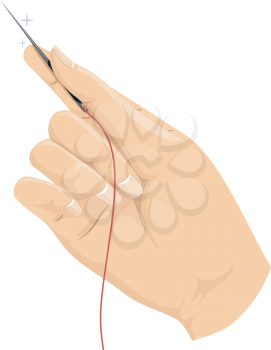 Cropped Illustration of a Hand Holding a Needle with a Length of Thread Dangling from It