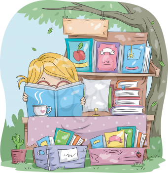 Illustration of a Little Girl Reading a Book While Manning a Yard Sale