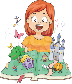 Illustration of a Little Girl Opening a Pop Up Book with Castles and Witches Inside