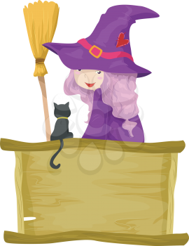Illustration of a Little Girl Dressed as a Witch Talking to Her Familiar Spirit