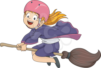 Illustration of a Little Girl Dressed as a Witch Flying on Her Broomstick