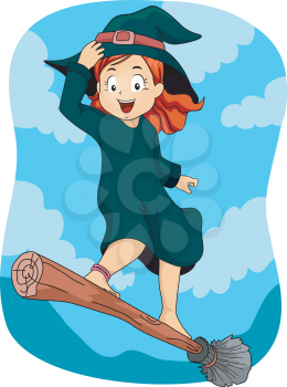 Illustration of a Little Girl Dressed as a Wizard Standing on a Flying Broomstick