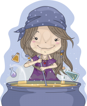 Illustration of a Little Girl Mixing Potions in a Cauldron