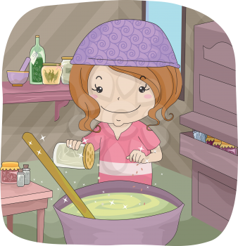 Illustration of a Little Girl Adding Spices to the Potion She is Making