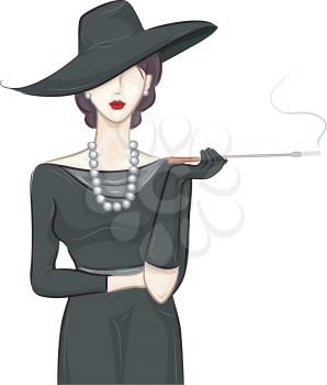 Illustration of a Fashionable Girl Wearing a Vintage Black Dress Smoking a Cigar