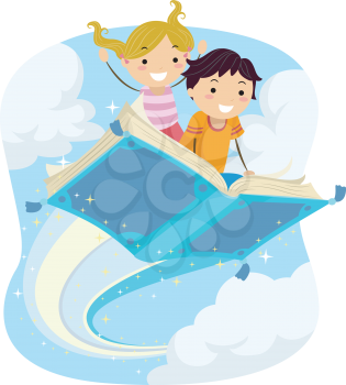 Stickman Illustration of Kids Riding a Magical Flying Book