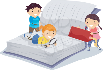 Stickman Illustration of Little Kids Using a Magnifying Glass to Read a Book