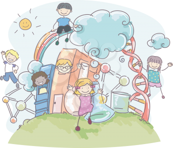 Doodle Illustration of Stickman Kids Surrounded by Science Related Items